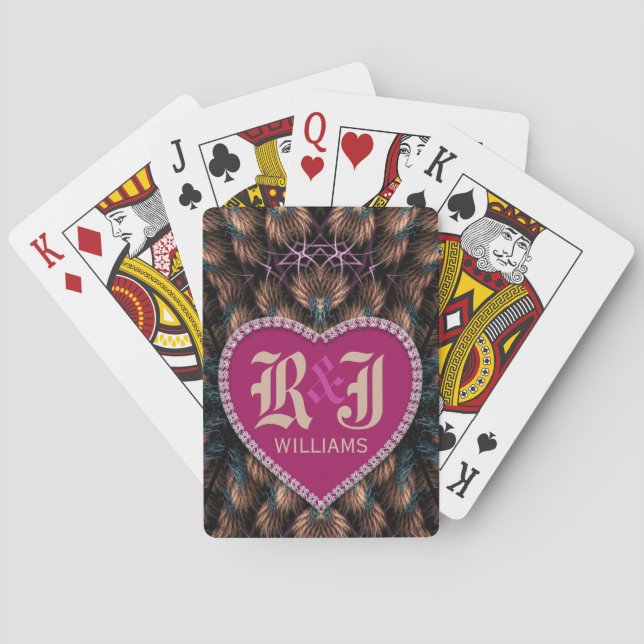 Fantasy Fractals Initials Pink Heart Personalized Poker Cards (Back)