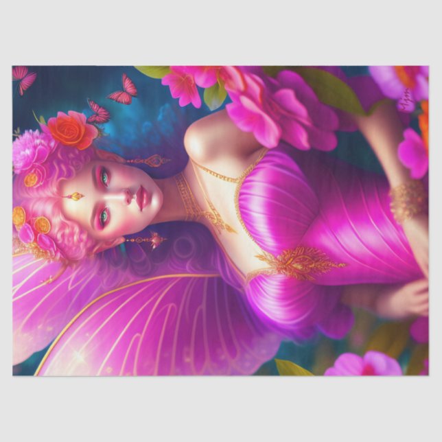 Fantasy Fuchsia Fairy Flower Butterflies Decoupage Tissue Paper (Front)