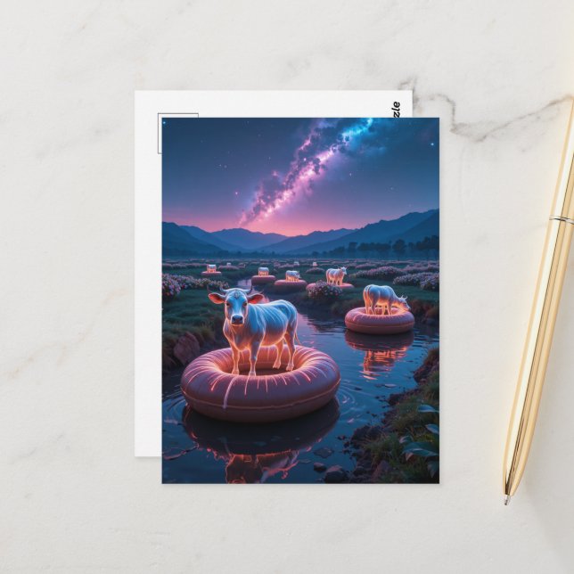 Fantasy Funny Cows on a Float Trip Postcard (Front/Back In Situ)