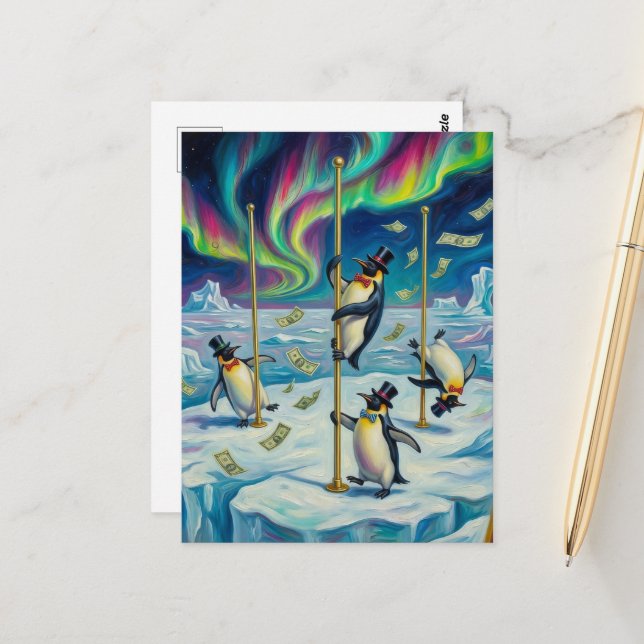 Fantasy Funny Dancing Penguins North Pole Postcard (Front/Back In Situ)