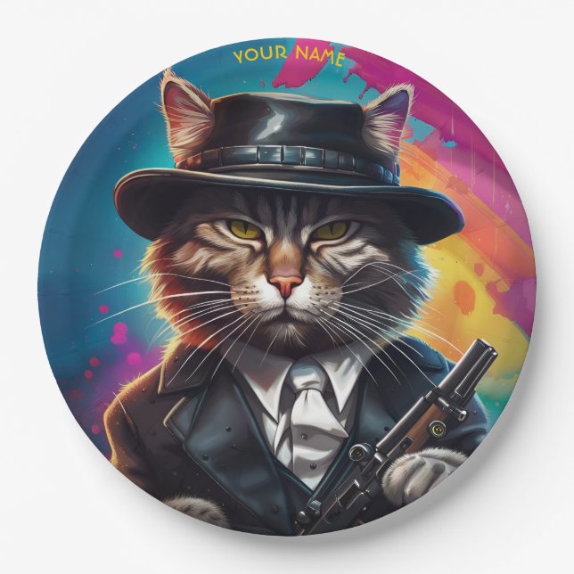 Fantasy Gangster Cat Gun Paper Plates (Front)