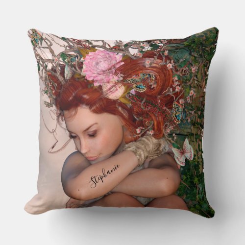 Fantasy Garden Fairy With Pink Flower Throw Pillow