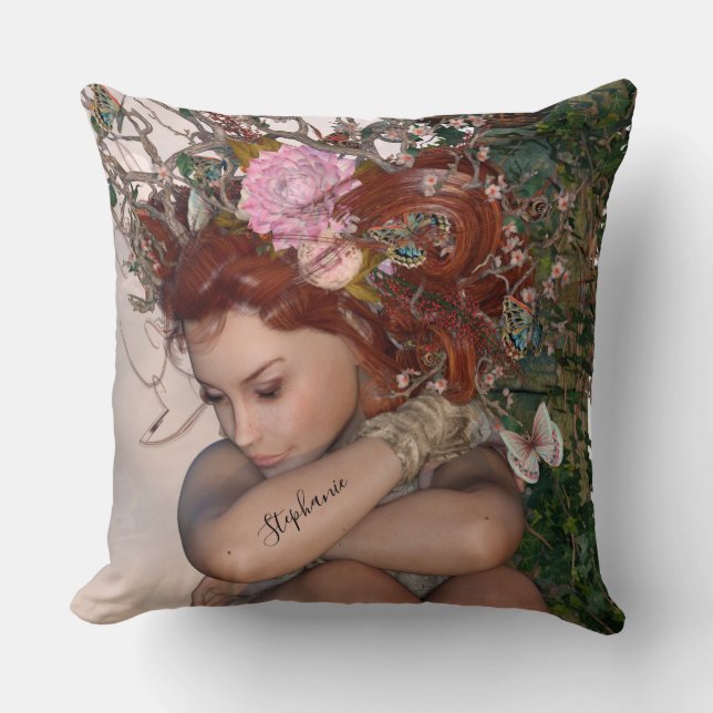 Fantasy Garden Fairy With Pink Flower Throw Pillow (Front)