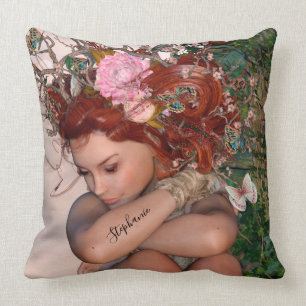 Fantasy Garden Fairy With Pink Flower Throw Pillow