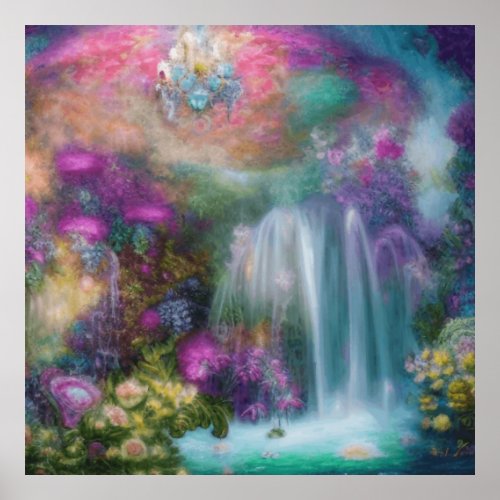 Fantasy Garden With Flowers And Calming Waterfall  Poster