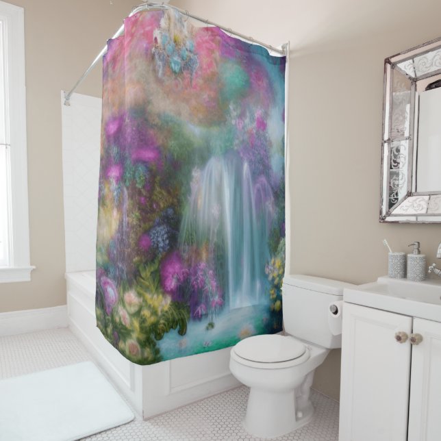 Fantasy Garden With Flowers And Calming Waterfall Shower Curtain (In Situ)