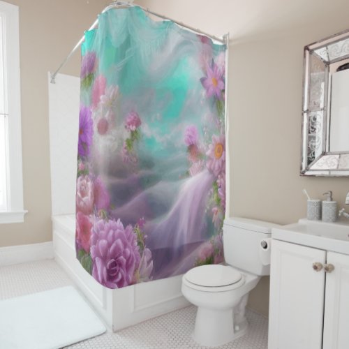 Fantasy Garden With Flowers And Pink Waterfall Shower Curtain