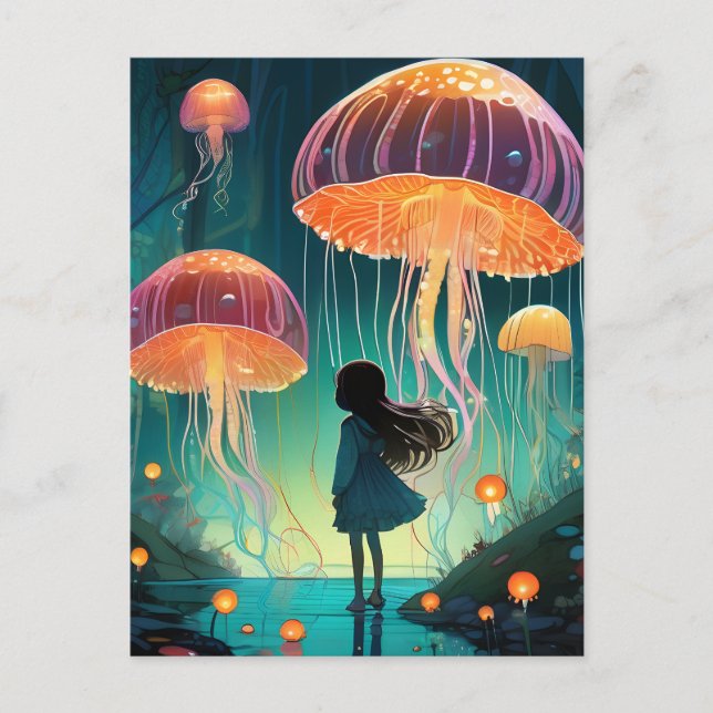 Fantasy Girl and Jellyfish Floating in the Sky Postcard (Front)