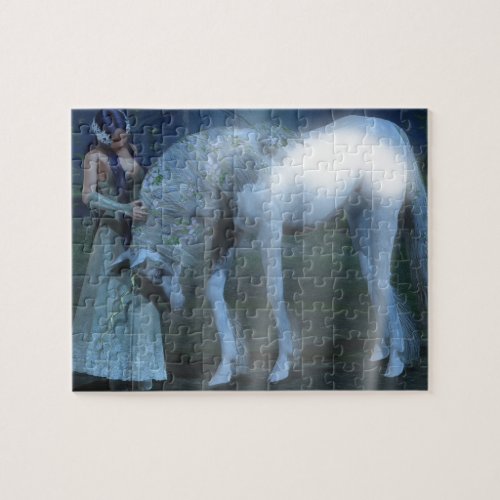 Fantasy Girl and Unicorn in the Moonlight