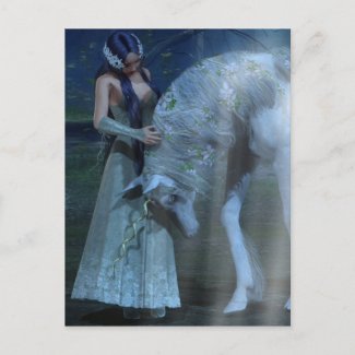 Fantasy Girl and Unicorn in the Moonlight