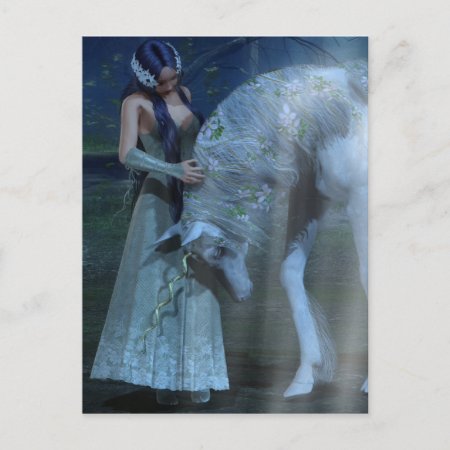 Fantasy Girl and Unicorn in the Moonlight