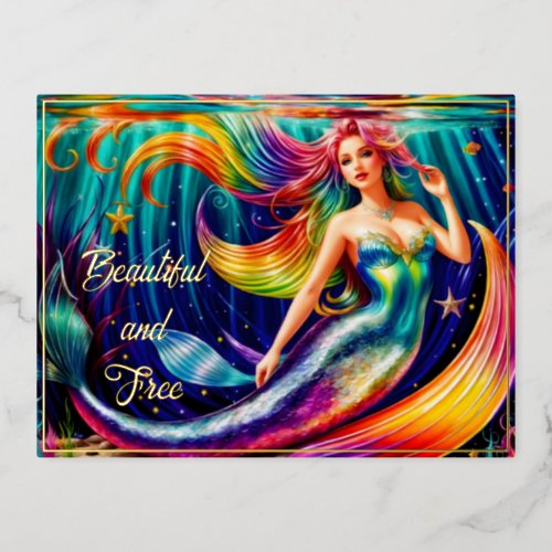 Fantasy Girl Mermaid Water Nature Nymph Lovely Foil Holiday Postcard
