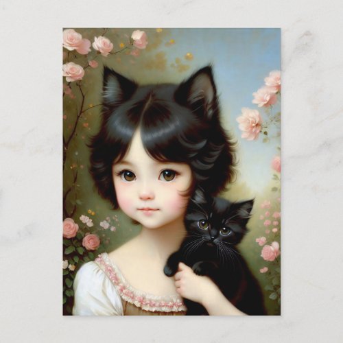 Fantasy Girl with Black Kitten _ Vintage Painting Postcard