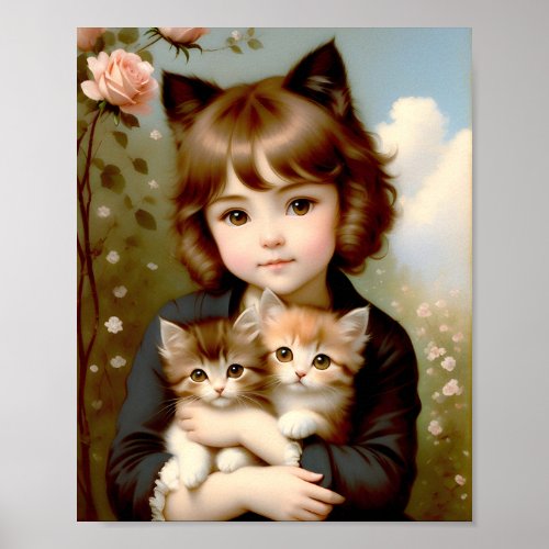 Fantasy Girl with Kittens Poster