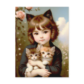 Fantasy Girl with Kittens - Vintage Painting Postcard