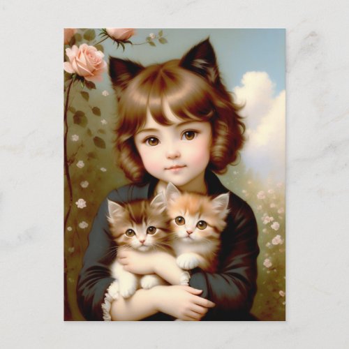 Fantasy Girl with Kittens _ Vintage Painting Postcard