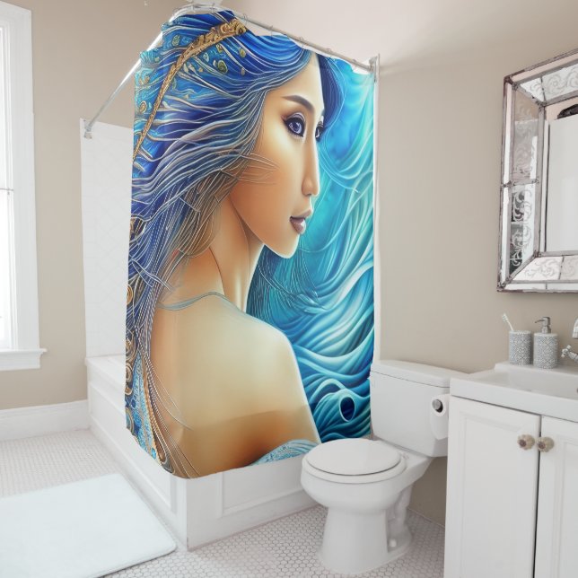 Fantasy Goddess Radiant Blue Depths Abstract Art Shower Curtain (In Situ)