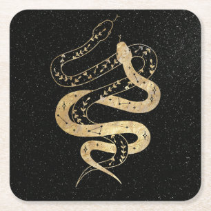 Fantasy Gold and Black Mystical Snakes Square Paper Coaster