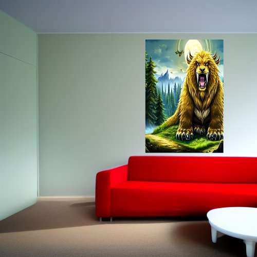 Fantasy golden sabertooth bear  AI Art Poster