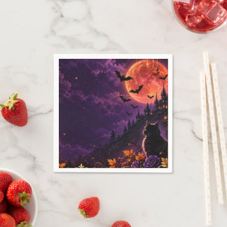 Fantasy Gothic Halloween Black Cat and Blood Moon Napkins