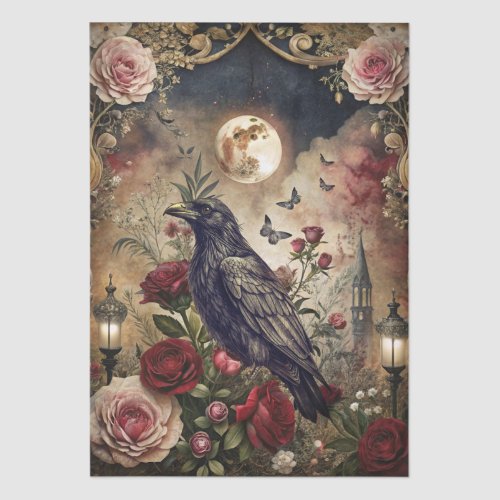Fantasy Gothic Raven & Red Roses Decoupage Tissue Paper