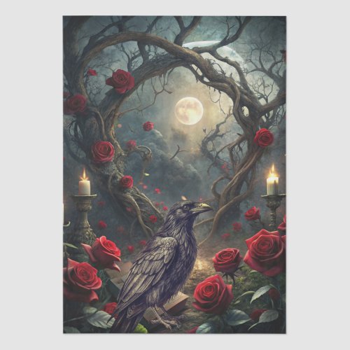 Fantasy Gothic Raven & Red Roses Decoupage  Tissue Paper