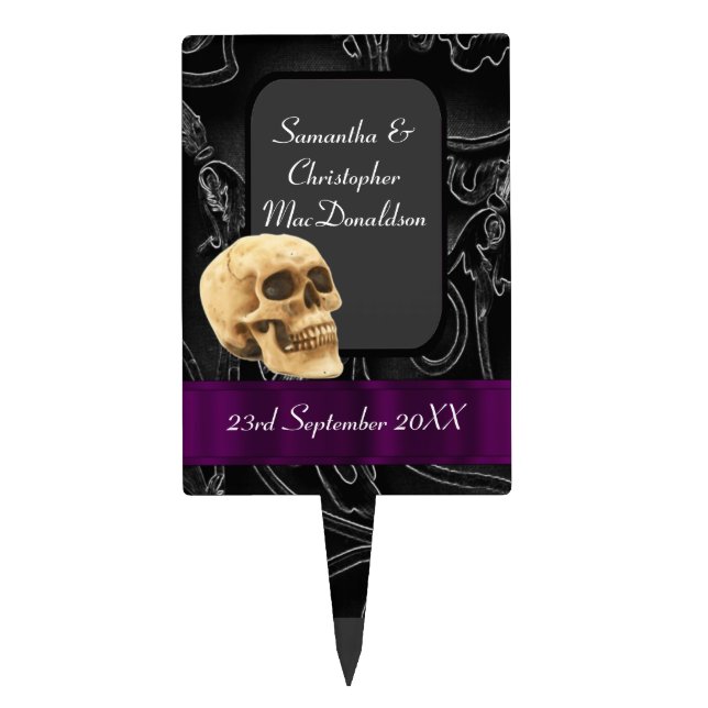 Fantasy Gothic skull black and purple wedding Cake Topper (Front)