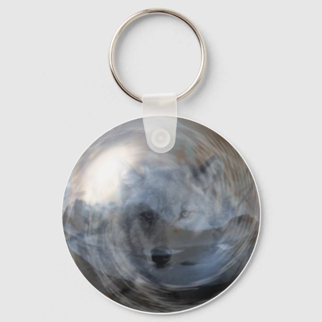 Fantasy Gray Wolf Crystal Ball Magic Animal Keychain (Front)