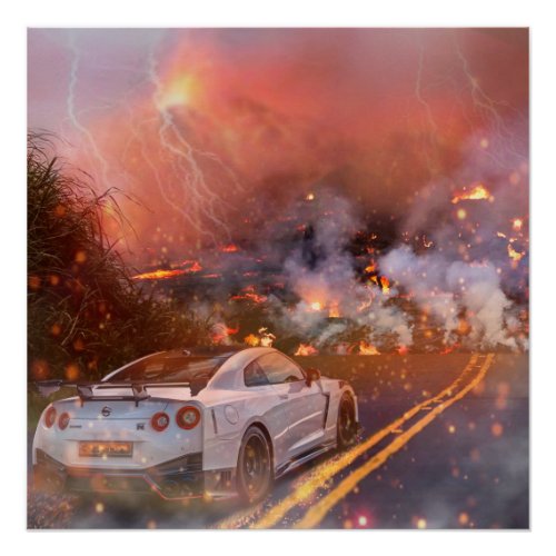 Fantasy GTR Car With Volcano Background Poster