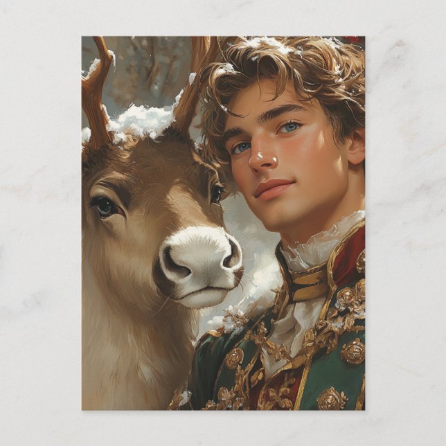 Fantasy Handsome blond man and reindeer Christmas Postcard (Front)