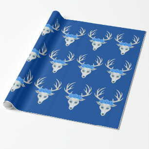 Fantasy Head of White Deer Blue Roses Antlers Wrapping Paper