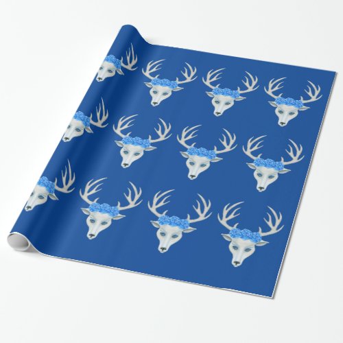Fantasy Head of White Deer Blue Roses Antlers   Wrapping Paper
