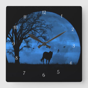 Fantasy Horse and Big Full Moon Cool Square Wall Clock