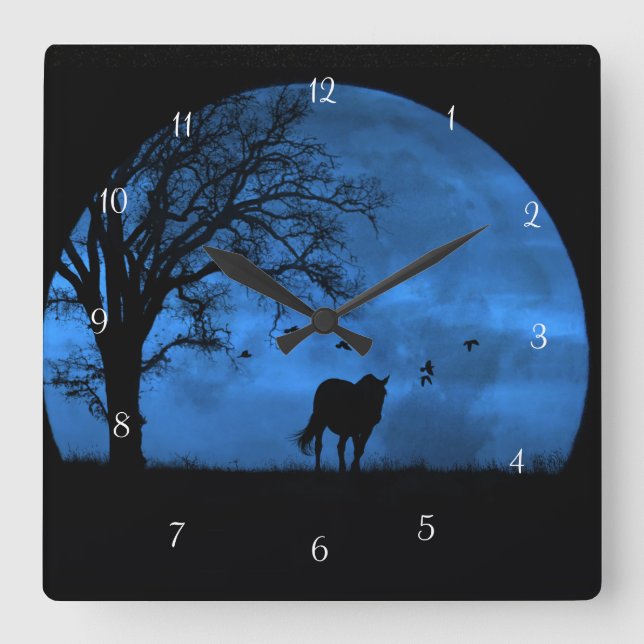 Fantasy Horse and Big Full Moon Cool Square Wall Clock (Front)