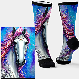 Fantasy Horse, Blue Mauve Pink Mane Silver Lace  Socks