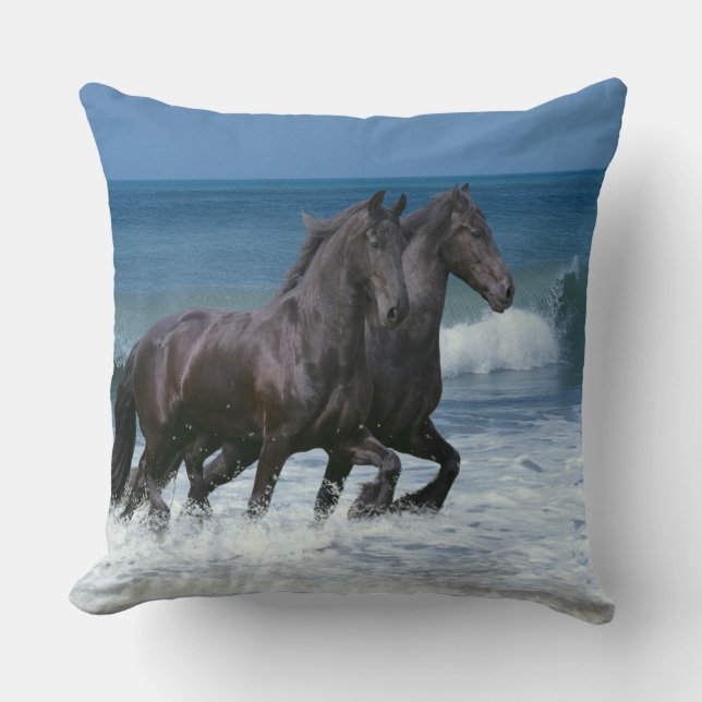 Fantasy Horses: Friesians & Sea Throw Pillow (Front)