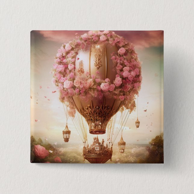 Fantasy Hot Air Balloon Pink Gold Button (Front)