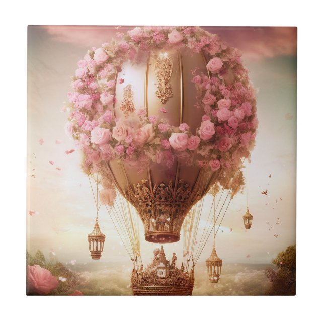 Fantasy Hot Air Balloon Pink Gold Ceramic Tile (Front)