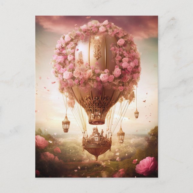 Fantasy Hot Air Balloon Pink Gold Postcard (Front)