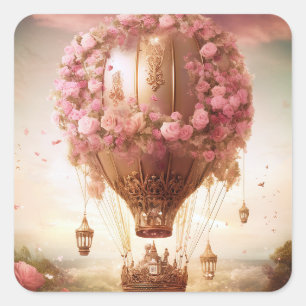 Fantasy Hot Air Balloon Pink Gold Square Sticker
