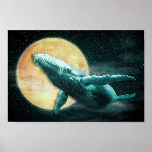 Fantasy Humpback Whale Flying to The Moon Poster