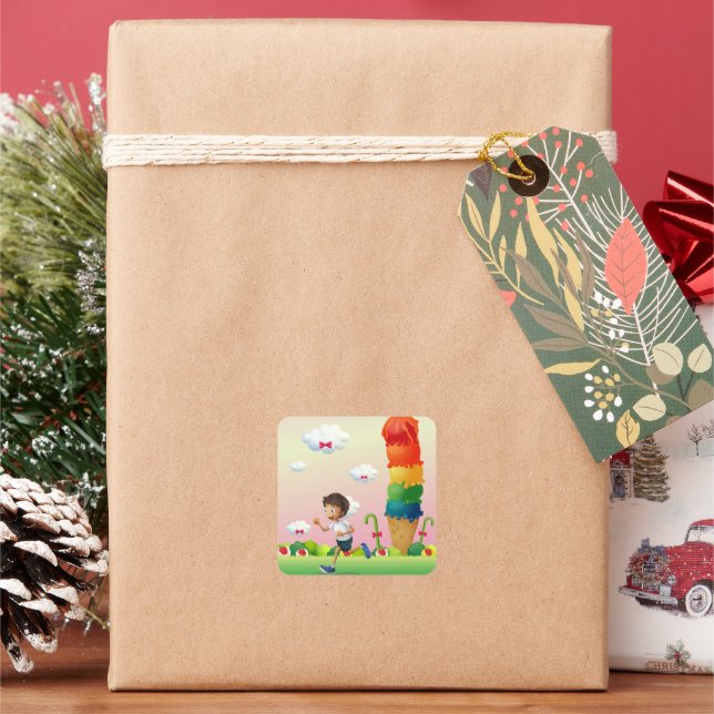 Fantasy Ice Cream Cone with Happy Running Boy Square Sticker (Holiday)