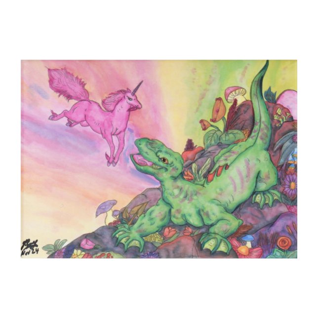 Fantasy Illustration Lizard Pink Flying Unicorn Acrylic Print (Front)