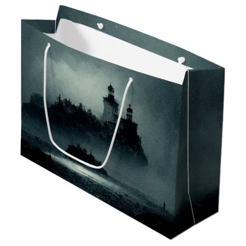 Fantasy Island Lighthouse Misty Foggy Dark Night Large Gift Bag