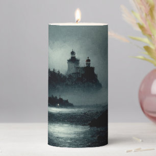 Fantasy Island Lighthouse Misty Foggy Dark Night Pillar Candle