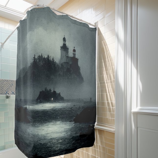 Fantasy Island Lighthouse Misty Foggy Dark Night Shower Curtain (Creator Uploaded)