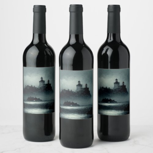 Fantasy Island Lighthouse Misty Foggy Dark Night Wine Label