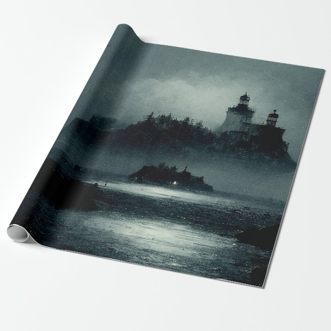 Fantasy Island Lighthouse Misty Foggy Dark Night Wrapping Paper (Unrolled)