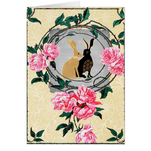 Fantasy Jackrabbit Hares Rose Romantic Collage Cards (Front)
