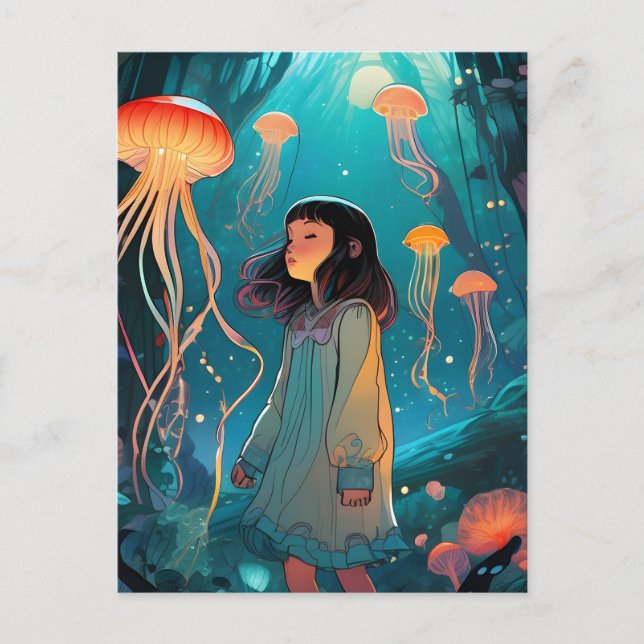Fantasy Jellyfish Forest Girl Postcard (Front)